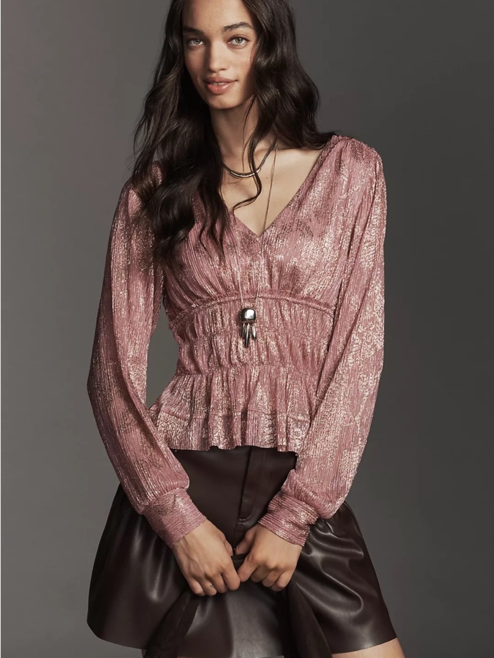 Anthro Metallic Smocked Blouse NWT Pink Gold Shimmer Peplum Boho Top Size XXS
